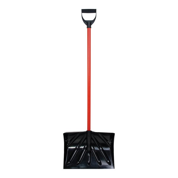 A black and red True Temper snow shovel with a curved pole and D-grip handle.