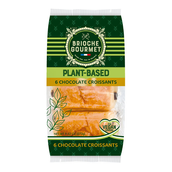 A package of Brioche Gourmet frozen plant-based chocolate croissants on a white surface.