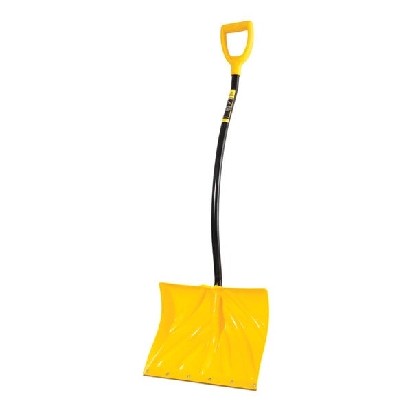 A yellow snow shovel with a black curved handle.