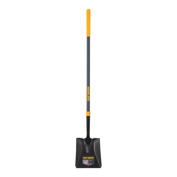 A True Temper square point shovel with a long yellow and black fiberglass handle.