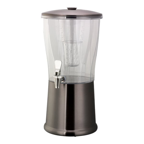 A dark tungsten and stainless steel Service Ideas Elite cold beverage dispenser with a glass infuser tube and lid.