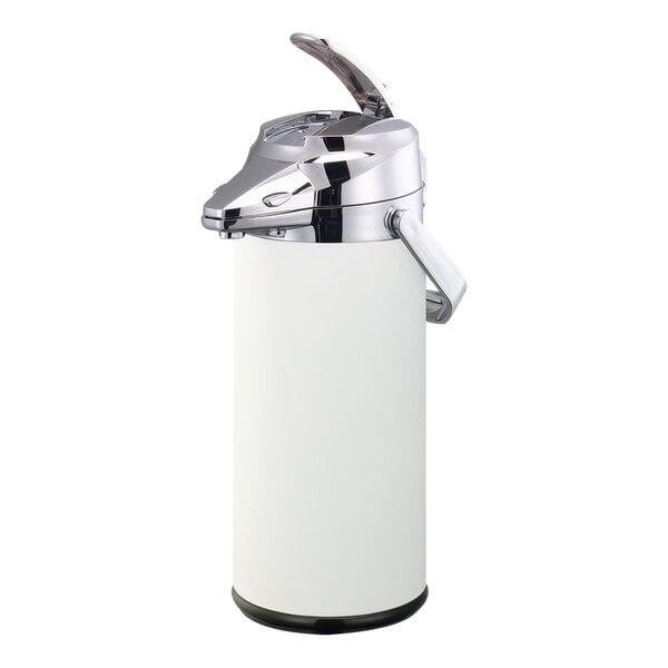 A white and silver stainless steel airpot with a lever.