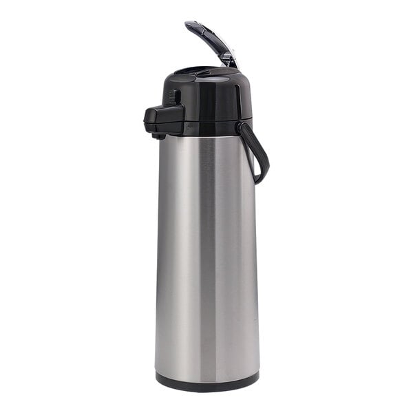 A silver Service Ideas Eco-Air glass lined airpot with a black lever.