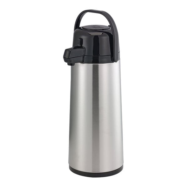 A silver and black Service Ideas Eco-Air glass lined coffee airpot with push button.