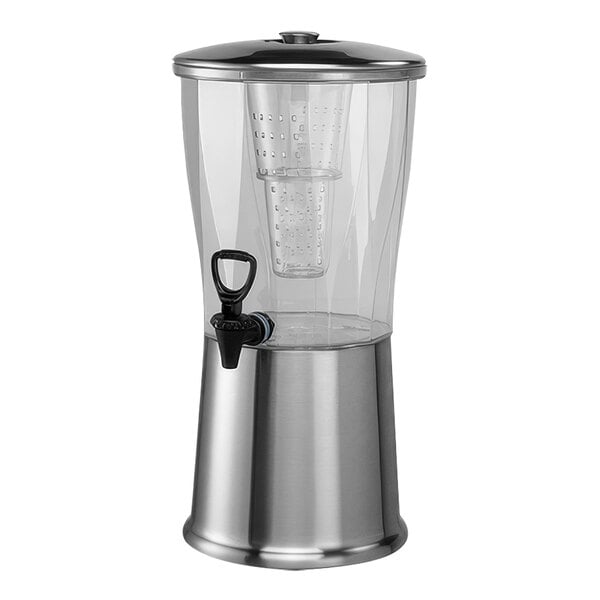 A stainless steel Service Ideas beverage dispenser with a glass lid.
