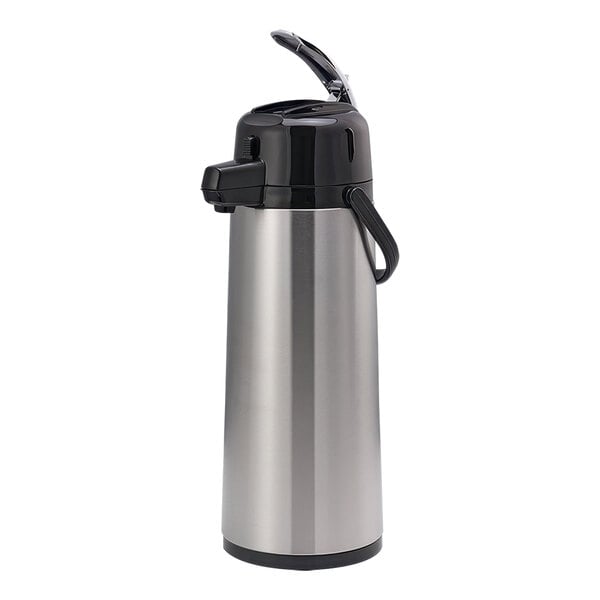 A silver and black Service Ideas Eco-Air glass lined airpot with a lever.