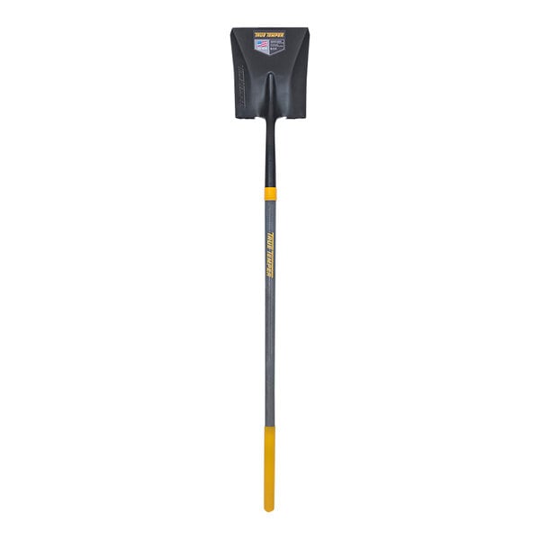 A True Temper square point shovel with a yellow handle and grey pole.
