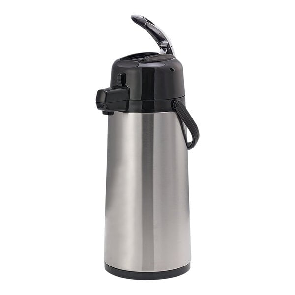 A silver stainless steel Service Ideas Eco-Air coffee airpot with black accents and a handle.