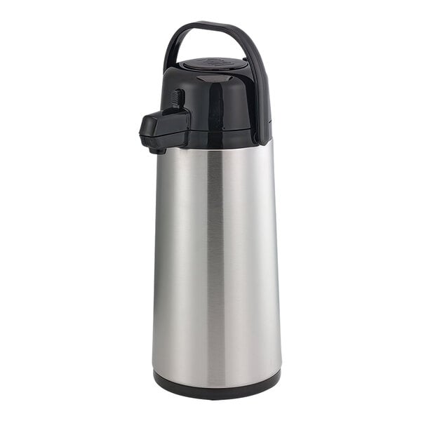 A silver and black Service Ideas Eco-Air glass lined airpot with push button.