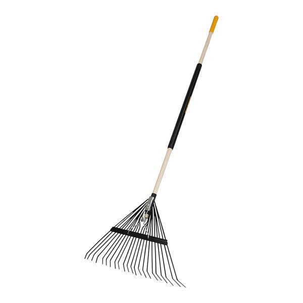 A True Temper leaf rake with a long hardwood handle.