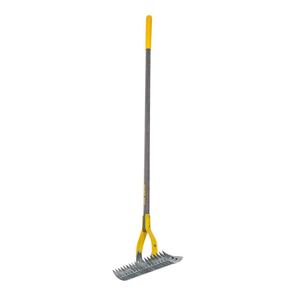 A True Temper thatch rake with a yellow handle.