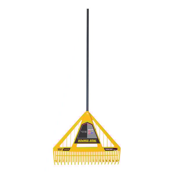 A yellow True Temper rake with a black and yellow fiberglass pole.