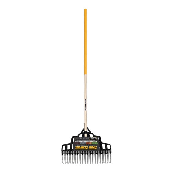 A True Temper steel lawn rake with a wooden handle and cushion grip.