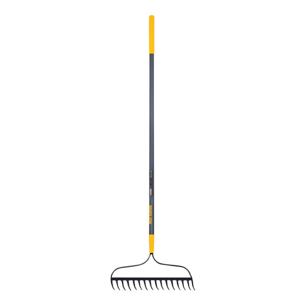 A True Temper bow rake with a yellow and black fiberglass handle.