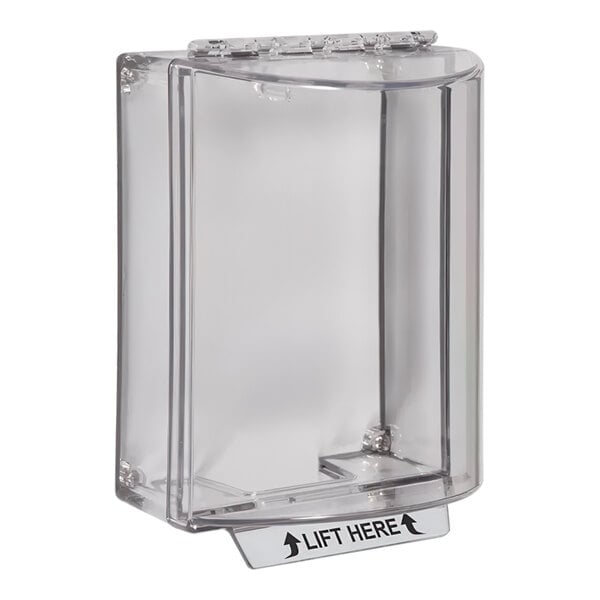 A clear plastic box with a clear plastic cover and a black sign.
