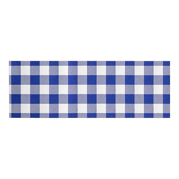 A white background with blue and white checkered Choice paper napkin bands.