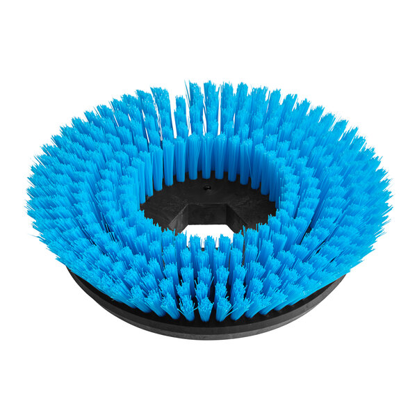 A round scrub brush attachment with blue bristles and a black plastic base.