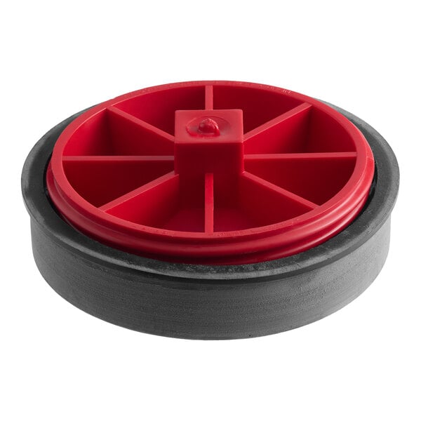 An 8-inch Sioux Chief T-Cone raised-head pipe barrel plug with a red plastic center and black rubber outer ring.