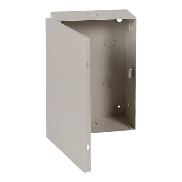 A gray metal indoor industrial control panel enclosure with a door on the front.