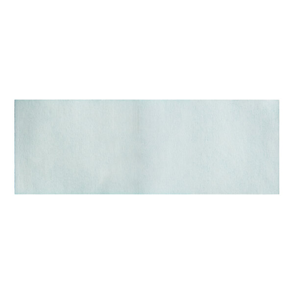 A white rectangular paper napkin band with a teal border.
