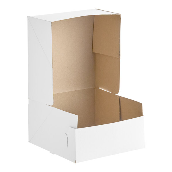 A white Baker's Lane cake box with the lid open.