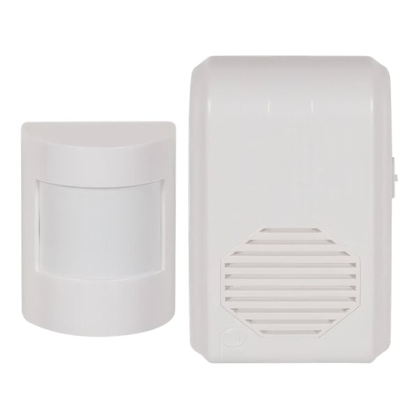 A white rectangular wireless motion sensor with a white receiver.