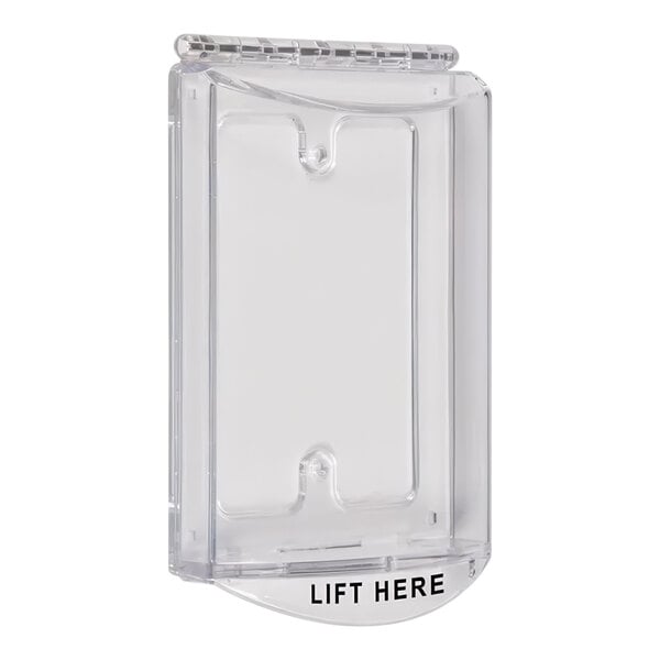 A clear rectangular cover with black text reading "Lift Here" on a white background.