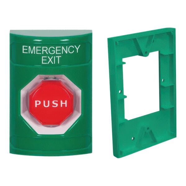A green emergency exit button with white text and a green push button.