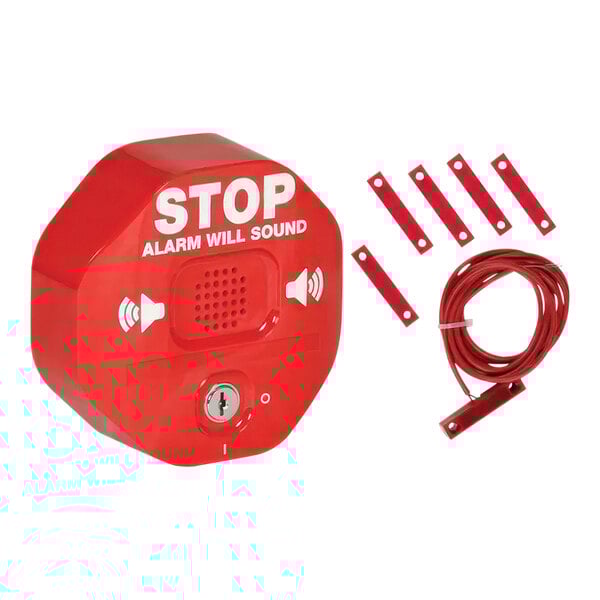 A red EXIT STOPPER alarm box with a red cover and white text on the front.
