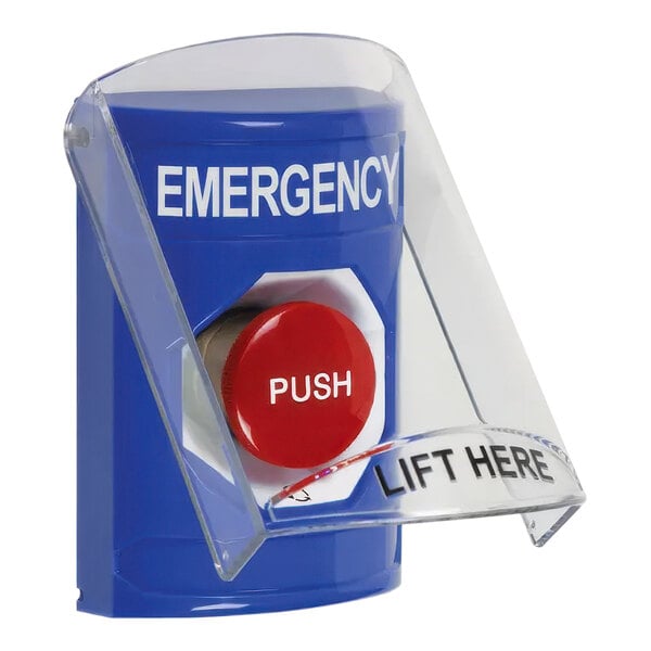 A blue Safety Technology International Stopper Station emergency push button with white text and a clear cover.