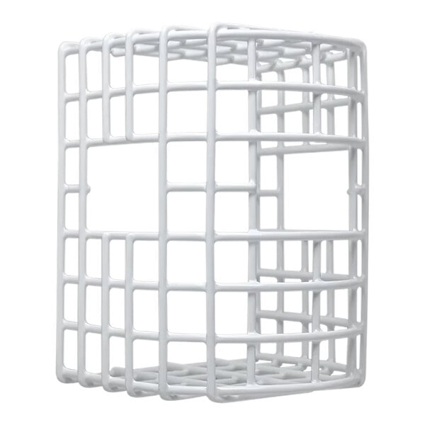 A white wire cage with a square pattern used to protect a Safety Technology International Beam Smoke Damage Stopper.