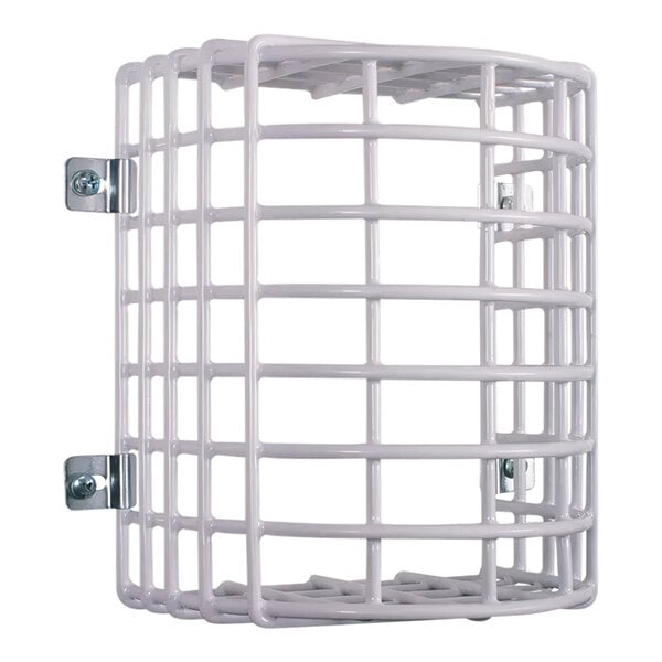 A white metal wire cage with metal corners on a white background.