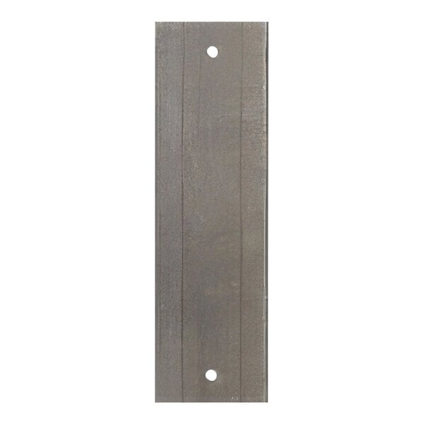 A close-up of a Sioux Chief steel rectangular stud guard with 2 nail holes.
