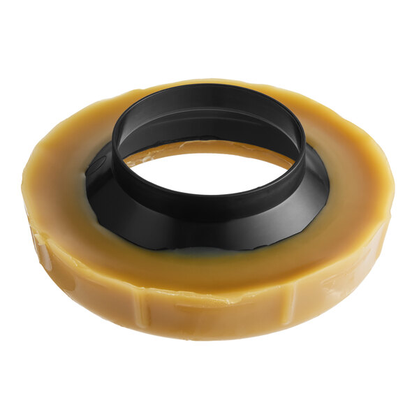 A wax gasket with a poly flange for toilet bowl installation.