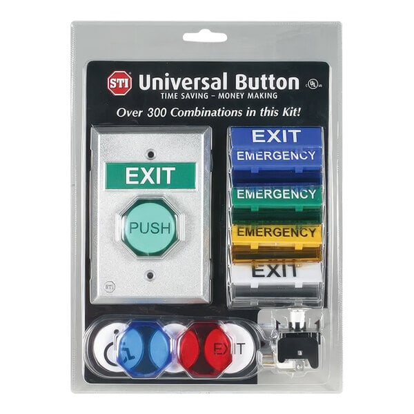 A close-up of a green Universal Button with black text.