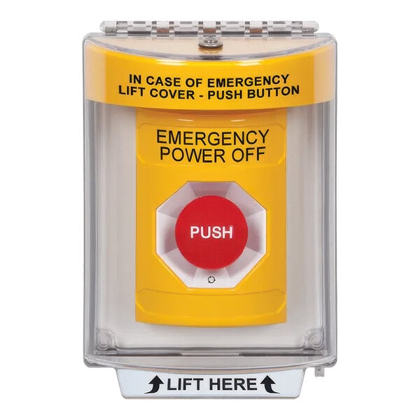 A close up of a yellow "Emergency Power Off" turn-to-reset button with white text on a yellow flush-mount cover.