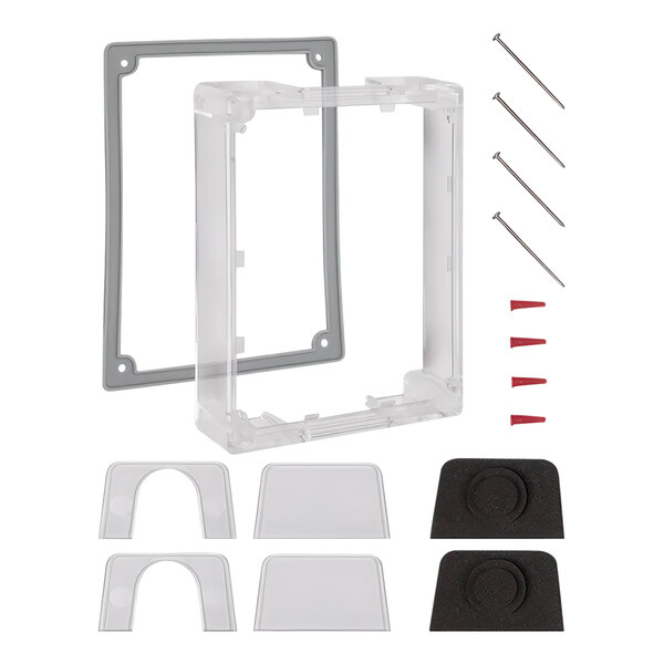 A clear plastic box with gray frames and screws.