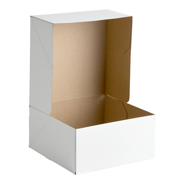 A white Baker's Lane cake box with a lid open.