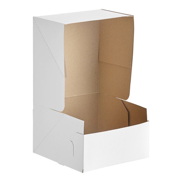 A white Baker's Lane cake box with the lid open.