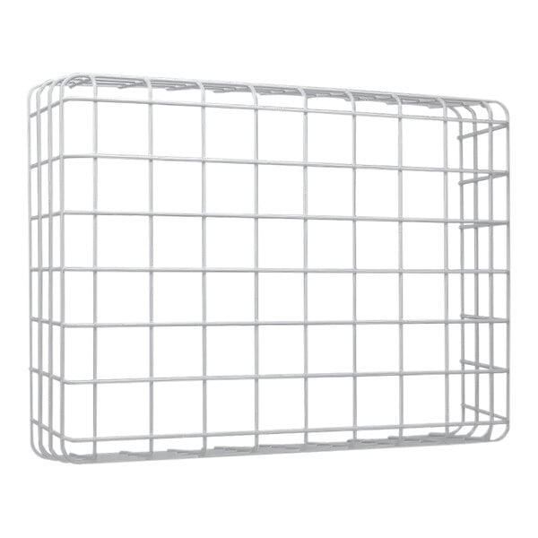 A white metal frame with a white wire mesh covering.