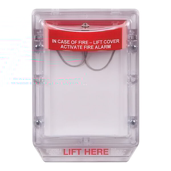 A clear box with a red and white label for a Safety Technology International Stopper II Indoor Flush-Mount Fire Pull Station Cover.