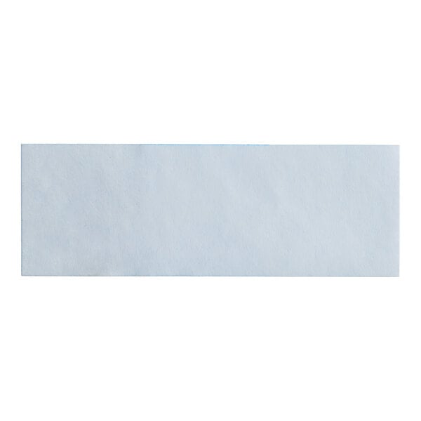 A white rectangular paper napkin band with a blue strip.