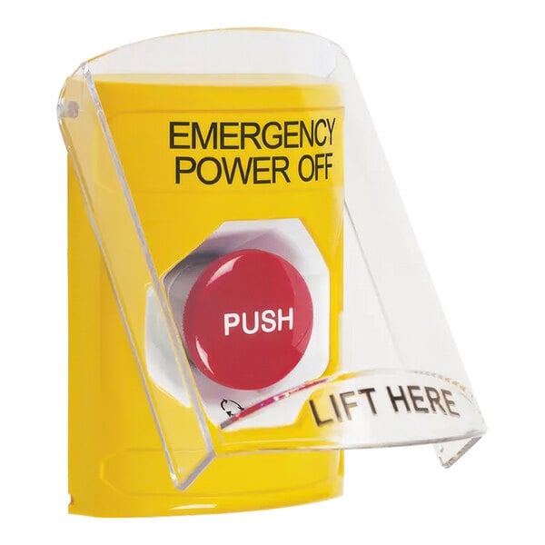A yellow Safety Technology International Stopper Station "Emergency Power Off" turn-to-reset push button with a clear cover.