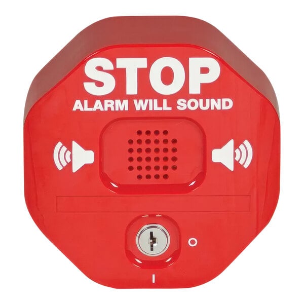 A red Exit Stopper alarm box with white text above a red button.