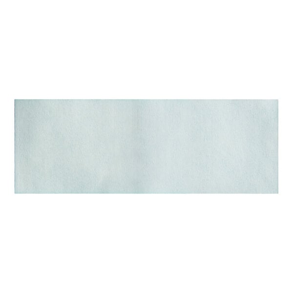 A white rectangular paper napkin band with a teal border.