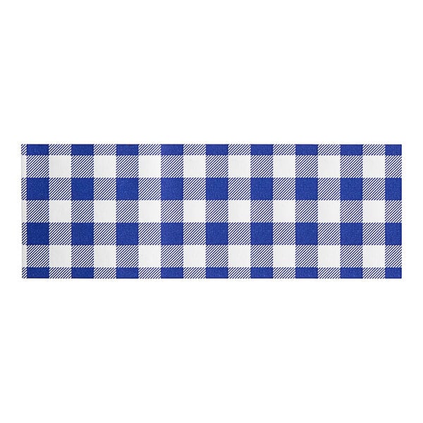 A white paper napkin band with blue gingham checkered self-adhering paper.