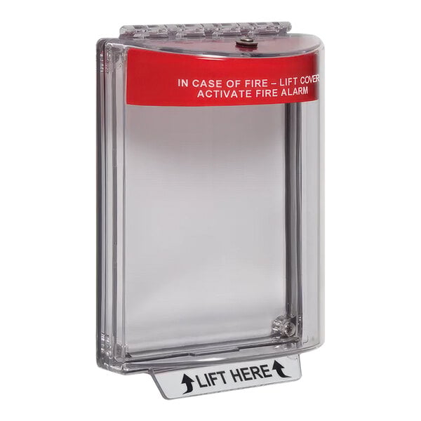 An STI Universal Stopper fire alarm cover with a red label over a clear box.