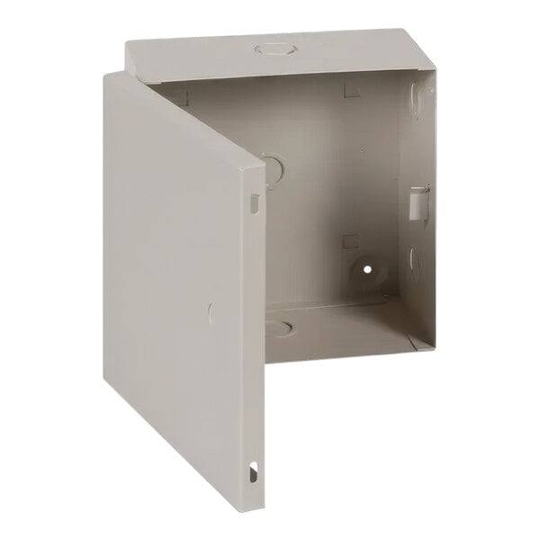 A white metal box with a door open.