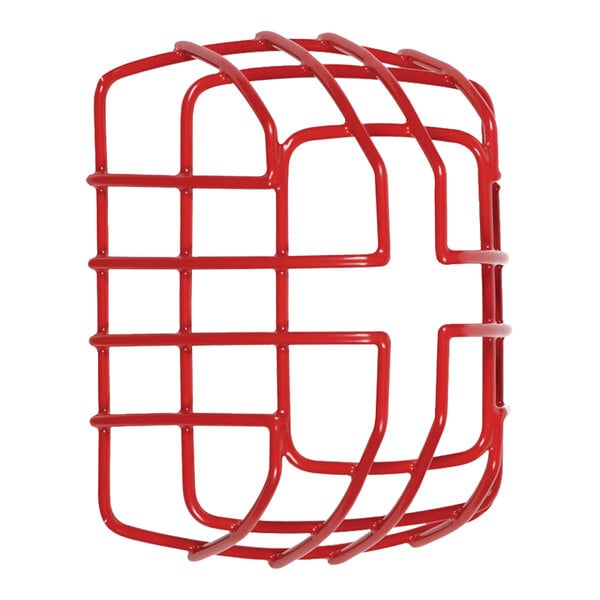 A red metal wire guard with a square shape over a red horn/strobe/speaker.