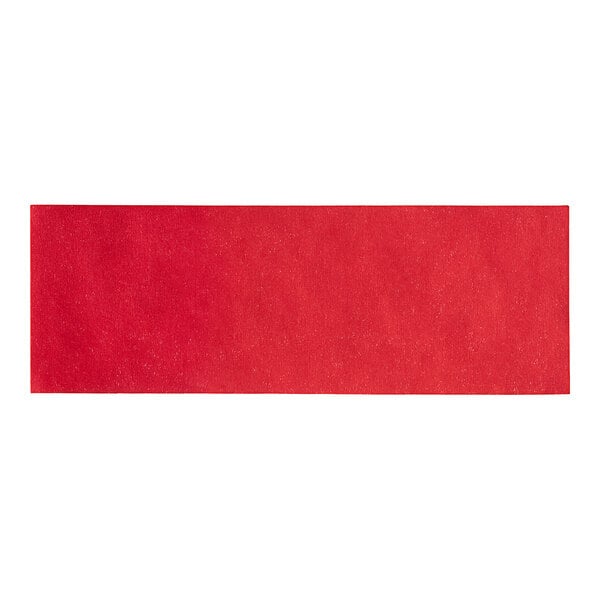 A red rectangular paper napkin band with a white background